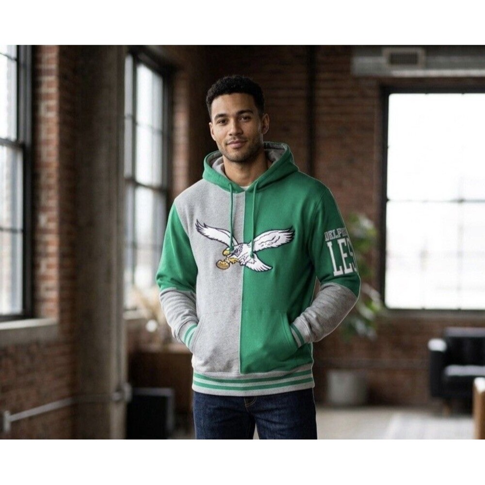 Mitchell & Ness Mens Philadelphia Eagles Split Colorblock Hoodie Green Gray M